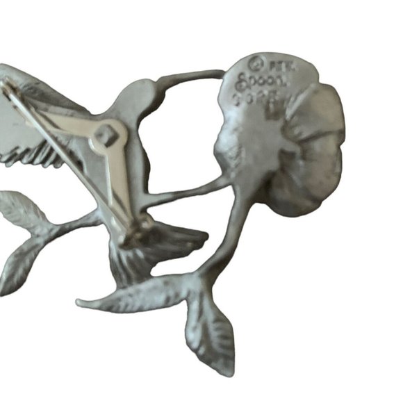 Vintage Pewter Hummingbird Flower Brooch Pin Signed Spoon 3825 Figural Bird 3” - Picture 5 of 10